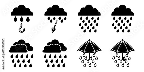 Illustrations of various types of rain and cloud formations with an umbrella