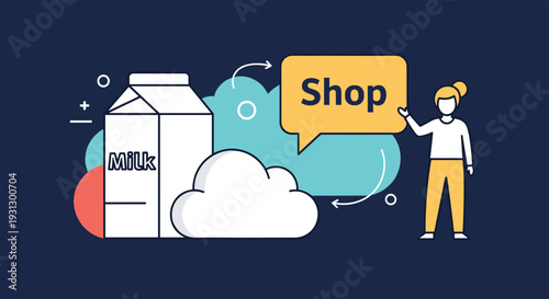 Online grocery shopping and dairy delivery service concept showing a professional woman facilitating retail orders.
