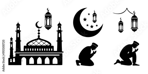 Illustration of islamic symbols and a mosque with worshippers
