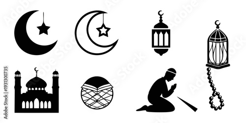 Islamic symbols and religious practices depicted in black and white icons
