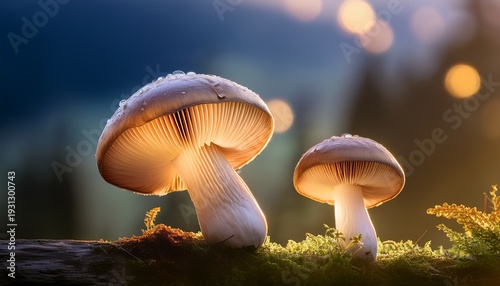 Enchanting Glow Two Mushrooms Bask In An Ethereal Glow Illuminated Against A Blurred Otherworldly Landscape Where The Interplay Of Light Creates A Mesmerizing Atmosphere
