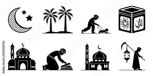 Islamic symbols and practices depicted in a series of black and white icons