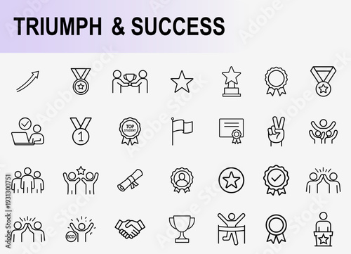 Triumph and success icons set, outline symbols for achievement victory award leadership and business goal milestone vector illustration