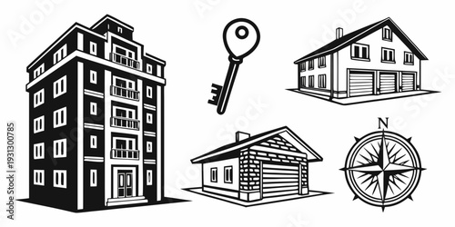 Four different types of buildings with a compass rose in the center.