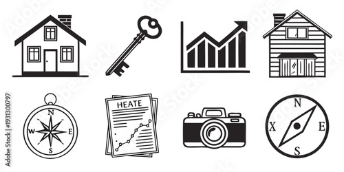 Icons representing real estate, navigation, and photography concepts.