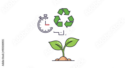 Young green plant sprout with a recycling symbol and stopwatch icon representing time and sustainability in environmental growth.