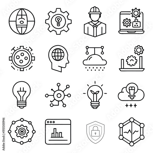 Modern Technology and Business Line Icons Set – AI, Cloud Computing, Cybersecurity, Innovation, Data Analytics Outline Collection