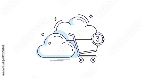 Shopping cart icon with clouds and number three signifying online storage or cloud based e-commerce order processing.