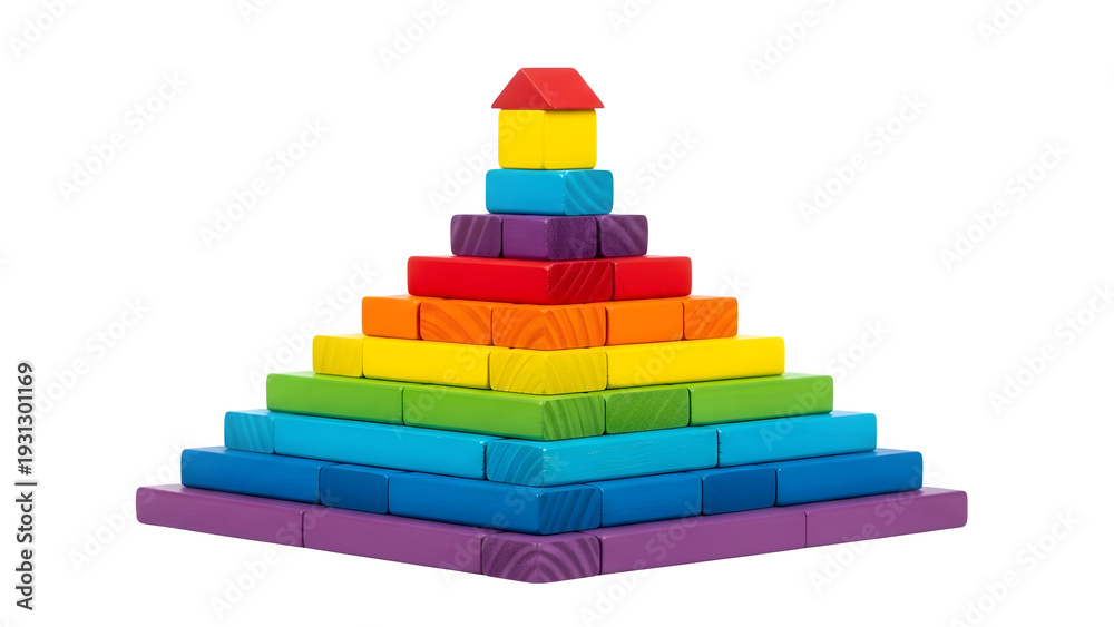 Naklejka premium Vibrant rainbow colored wooden blocks stacked in pyramid shape