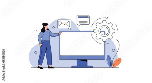Businesswoman pointing at a blank computer monitor surrounded by email, message, and gear icons for workflow management.