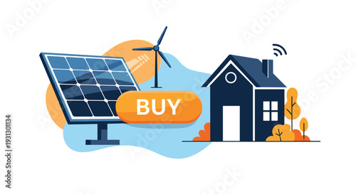 Solar panels and a wind turbine next to a smart house with a buy button depicting renewable energy solutions for home.