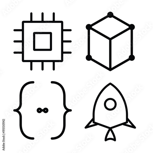 Artificial Intelligence and Startup Technology Line Icons Set – AI Chip, 3D Cube, Code Brackets, Rocket Launch Vector Outline