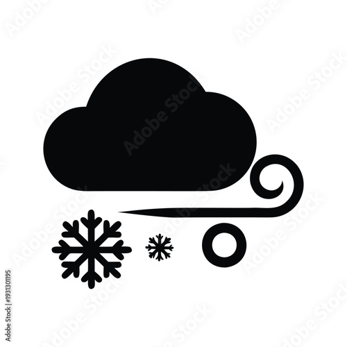 Silhouette of a snowy weather cloud, snowflakes, and wind vector illustration, chilly wind icon silhouette vector illustration
