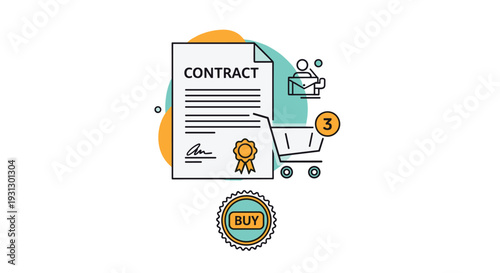 Contract document with a wax seal next to a person at a desk and a shopping cart symbolizing business agreements and procurement.