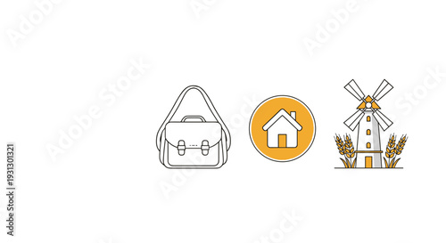 Messenger bag, a house icon, and a windmill next to wheat stalks symbolizing work life balance, agriculture, and rural living.