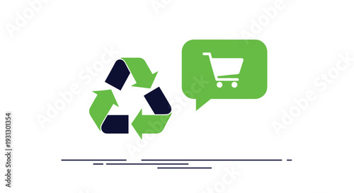 Recycling symbol next to a shopping cart in a green speech bubble promoting eco-friendly consumer habits and sustainable retail.