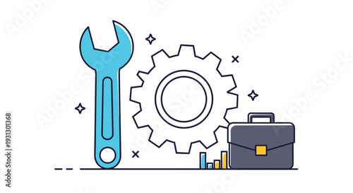 Large wrench and gear next to a briefcase and a bar chart representing industrial maintenance, business repairs, and growth.