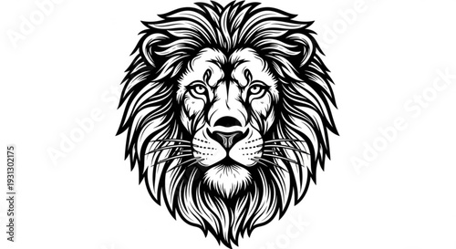 A black and white vector illustration of a lion's head with a majestic mane