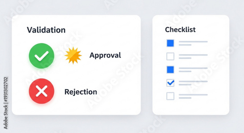 A vector graphic illustration of validation and checklist icons for approval and rejection processes