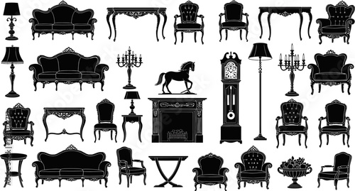 Elegant Black Silhouettes of Classic Furniture and Ornate Home Decor Items