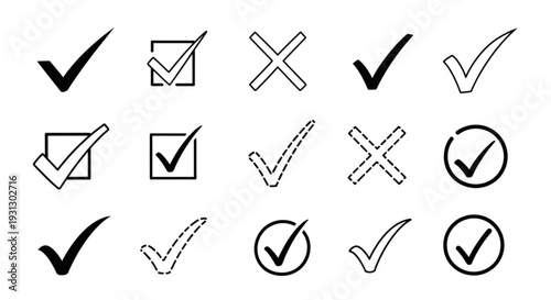 A set of checkmark and cross icons in various styles and designs for use in digital interfaces and graphic design projects