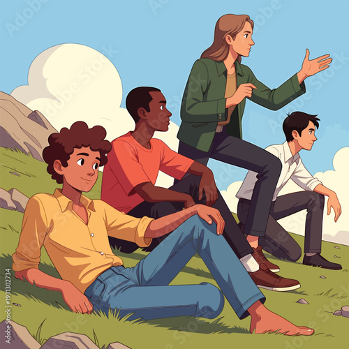 Harmony on the Hill: A group of friends sits and interacts on a grassy hill under a bright, sunny sky.