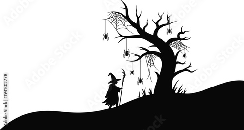 Spooky Halloween silhouette with witch standing by a dead tree with spider webs and hanging spiders, isolated scary night vector