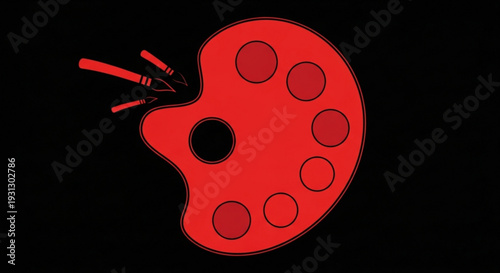 A red painter's palette with brushes on a black background, symbolizing creativity and art