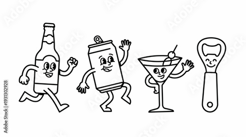 Cartoon Drink Vector Characters | Beer Bottle, Beer Can, Martini Glass, Soda Cup, Shot Glass, Bottle Opener, Fun Anthropomorphic Beverage Illustrations for Kids Media, Advertising, Stickers, Creative 