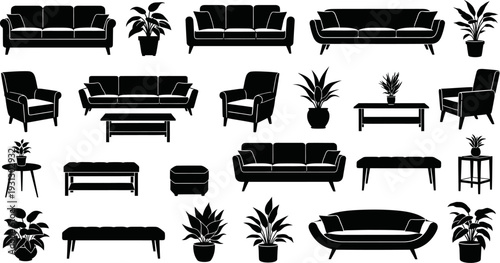 Elegant Home Furniture and Potted Plants Silhouettes Vector Illustration Set
