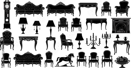 Elegant collection of antique furniture and classic home decor silhouettes on white background