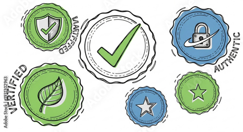 A set of colorful verification badges with checkmarks and symbols for security and authenticity
