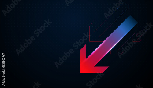 Glowing red arrows point down, representing financial fall trends impacting modern technology and global Business sectors. with Bold down arrows cut across the dark background