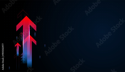 Modern power of Glowing red arrows climb upward, illustrating Business expansion driven by digital innovation and advanced technology in Finance.