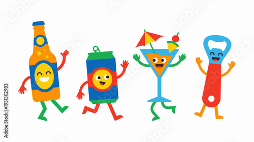 Cartoon Drink Vector Characters | Beer Bottle, Beer Can, Martini Glass, Soda Cup, Shot Glass, Bottle Opener, Fun Anthropomorphic Beverage Illustrations for Kids Media, Advertising, Stickers, Creative 