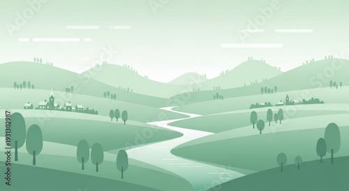 A serene green landscape with rolling hills, trees, and a winding river in a minimalist vector illustration