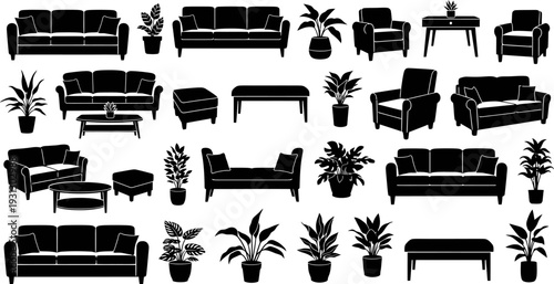 Modern Home Furniture and Potted Plants Silhouettes Vector Illustration Set