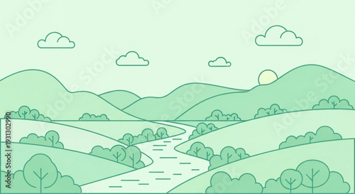 A serene and peaceful vector illustration of a winding river flowing through rolling green hills and trees under a sunny sky
