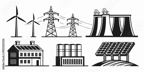 Diverse energy sources and industrial buildings depicted in a single illustration