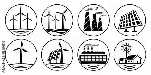 Illustrations of various types of renewable energy sources and infrastructure
