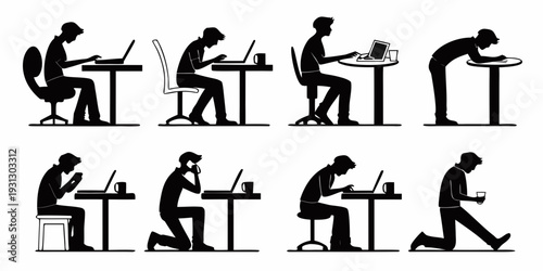 Illustration of various sitting postures at a desk and their ergonomic implications
