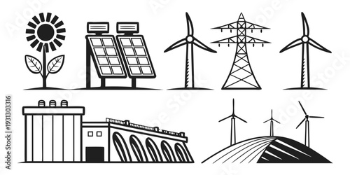 Illustrations of various renewable energy sources and technologies