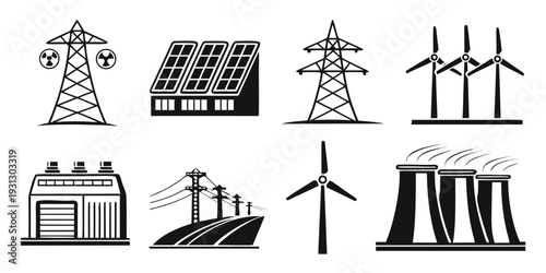 Diverse energy sources including solar, wind, and nuclear power generation.