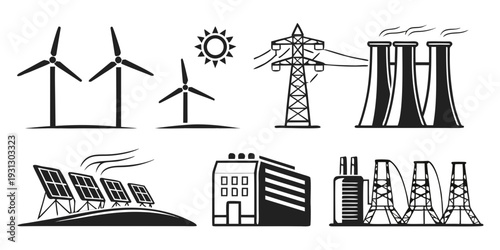 Diverse energy sources including wind, solar, nuclear, and fossil fuels