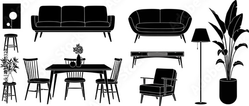 Stylish modern minimalist furniture and home decor silhouettes collection on a clean white background