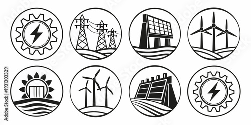 A collection of icons representing various types of renewable energy sources.