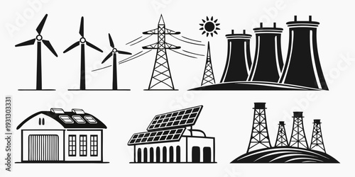 Illustration of various energy sources including renewable and non-renewable options