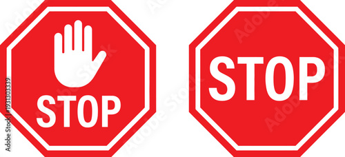 Two red octagon stop signs side by side with a white hand symbol and text on a white background.