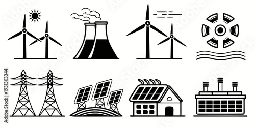 Diverse energy sources and infrastructure depicted in a single illustration