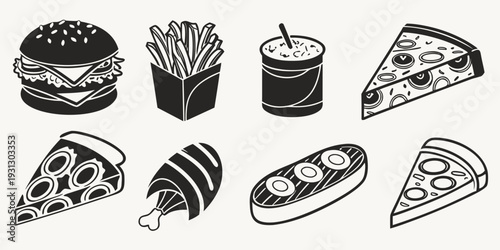 Assorted food items including pizza, burger, fries, soda, hot dog, and more.